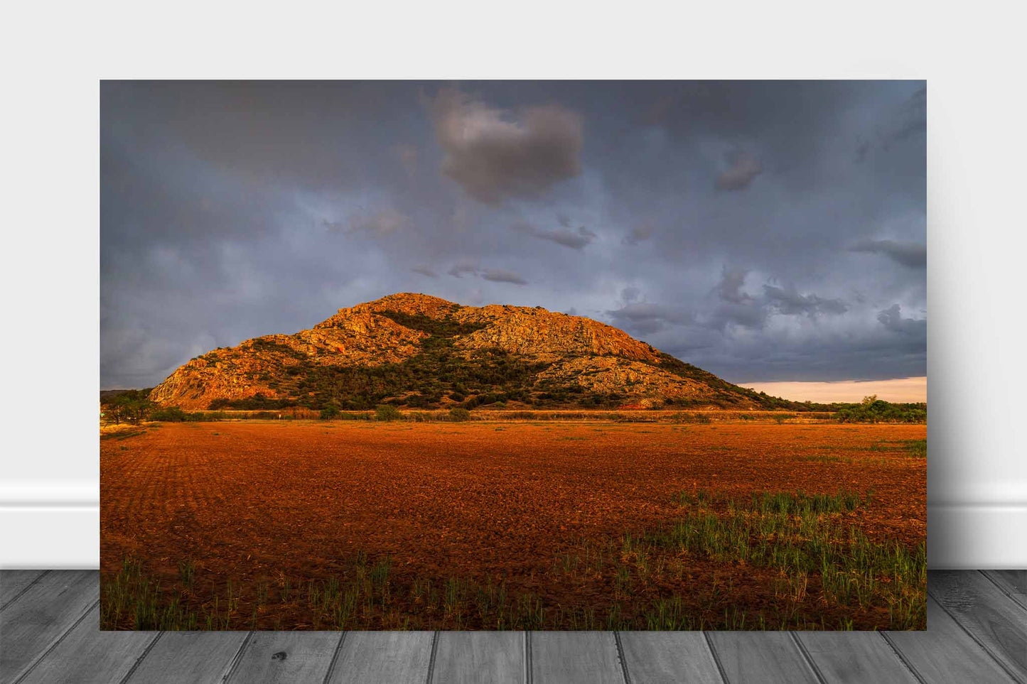 Landscape aluminum metal print wall art of the Quartz Mountains rising abruptly over a field as a thunderstorm passes overhead in southwest Oklahoma by Sean Ramsey of Southern Plains Photography.