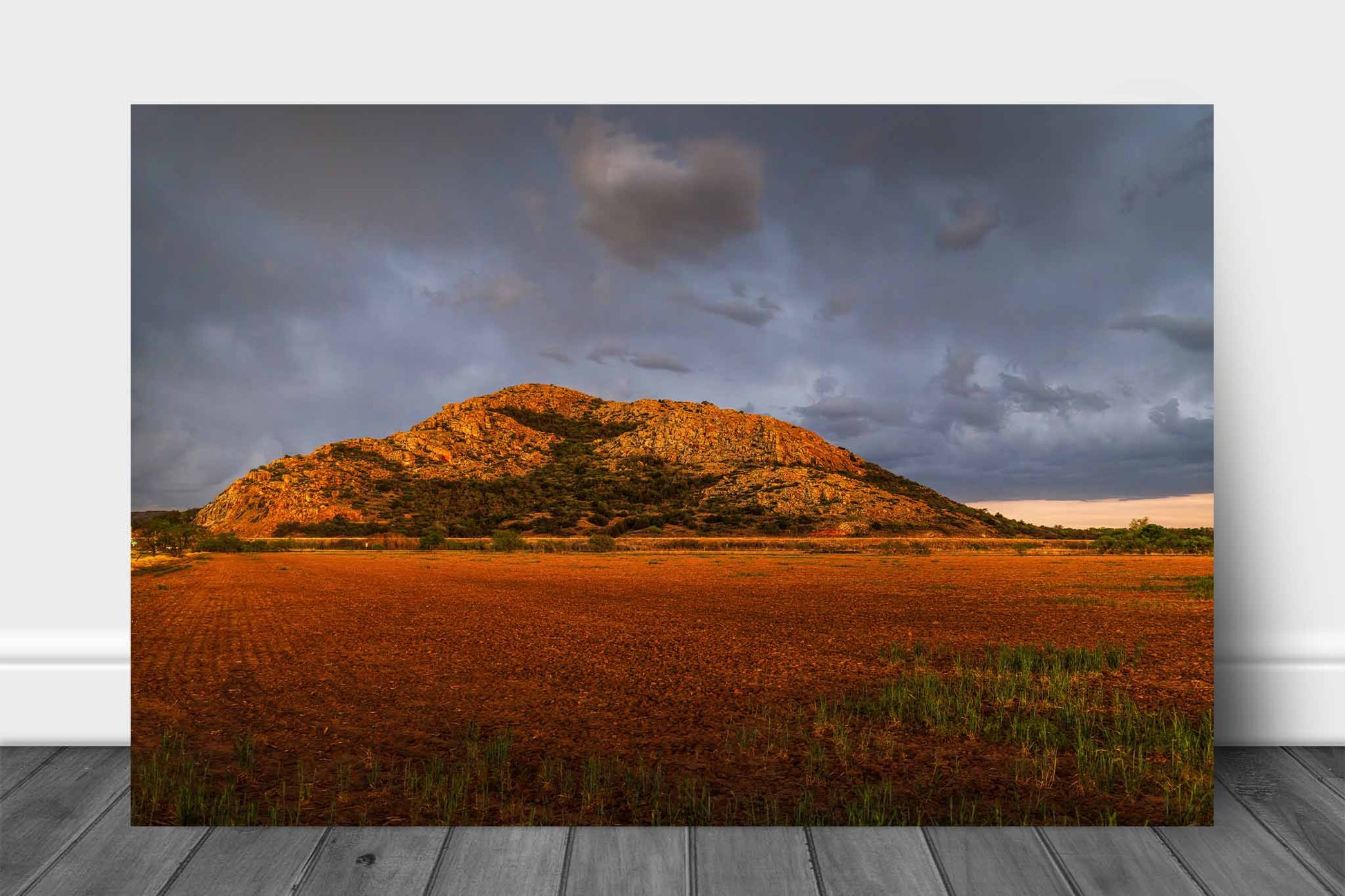 Landscape aluminum metal print wall art of the Quartz Mountains rising abruptly over a field as a thunderstorm passes overhead in southwest Oklahoma by Sean Ramsey of Southern Plains Photography.