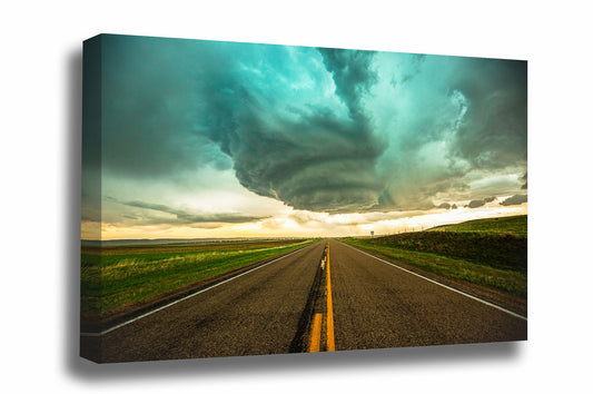 Storm canvas wall of a sculpted thunderstorm twisting above a highway on a stormy day on the plains of Nebraska by Sean Ramsey of Southern Plains Photography.