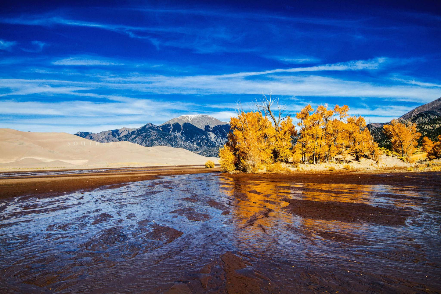 Rocky Mountain photography print of Medano Creek flowing through fall color on an autumn day at Great Sand Dunes National Park, Colorado by Sean Ramsey of Southern Plains Photography.
