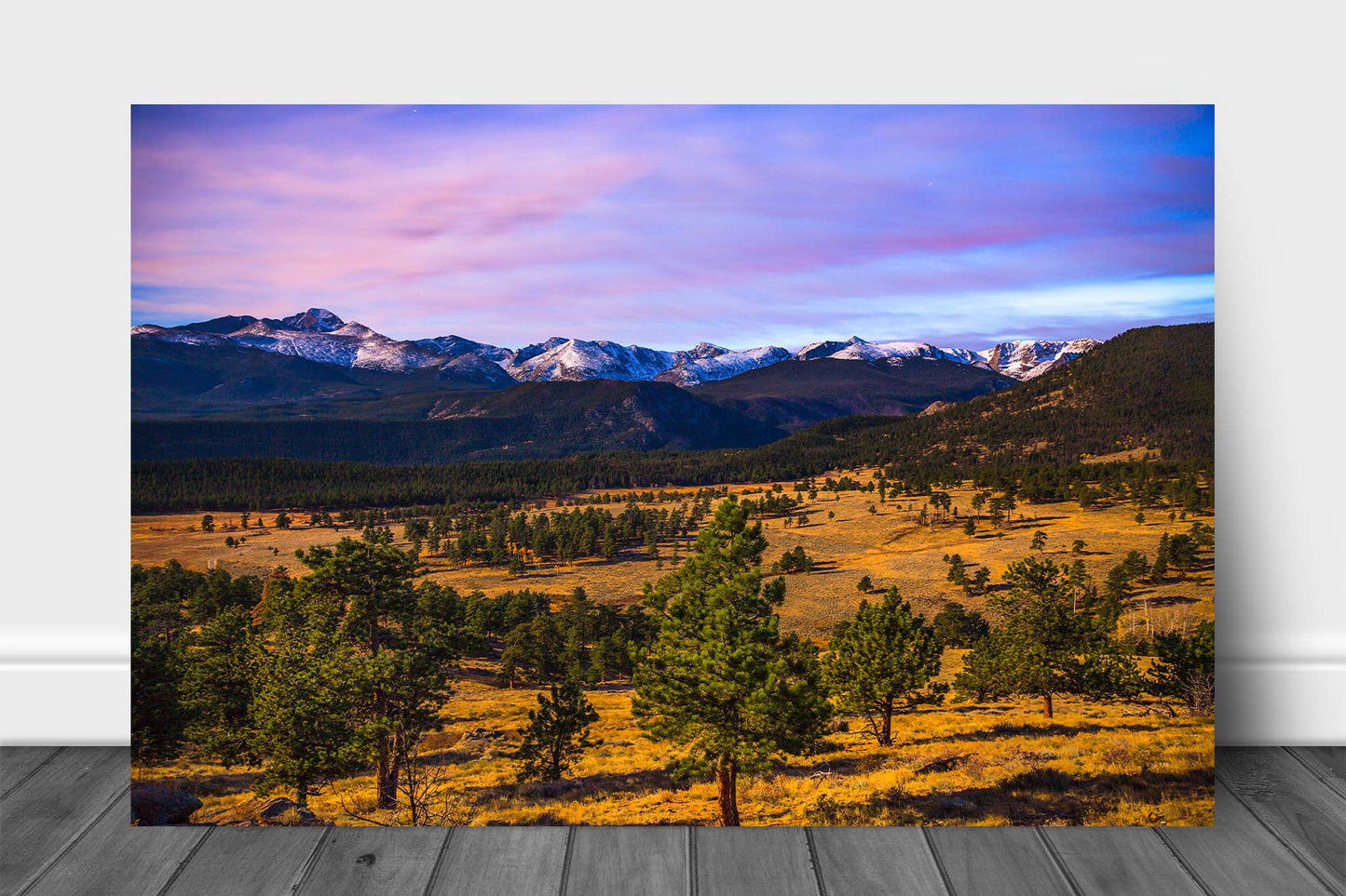 Rocky Mountains aluminum metal print wall art of snowy peaks overlooking a valley at dusk near Estes Park, Colorado by Sean Ramsey of Southern Plains Photography.
