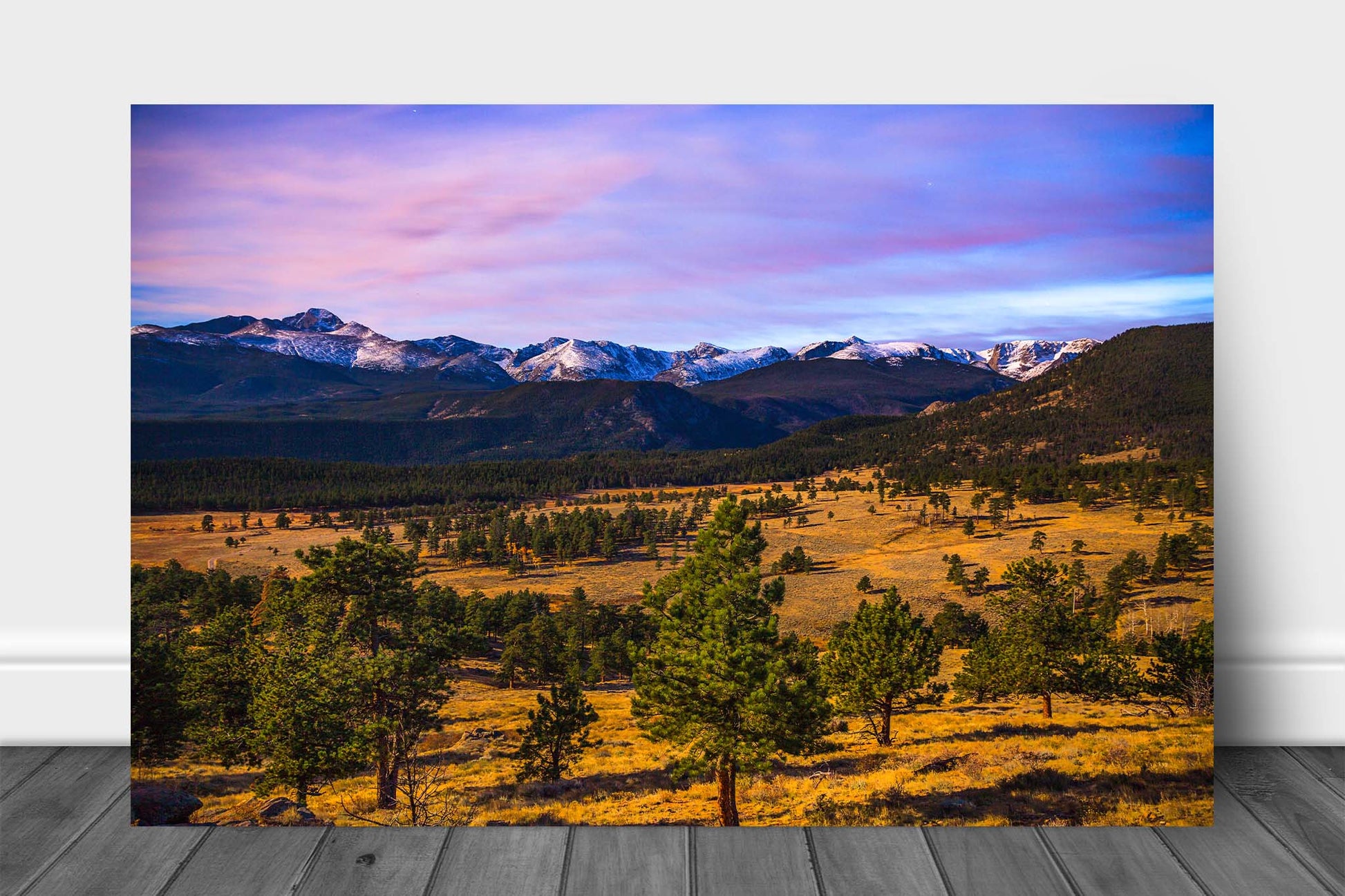 Rocky Mountains aluminum metal print wall art of snowy peaks overlooking a valley at dusk near Estes Park, Colorado by Sean Ramsey of Southern Plains Photography.