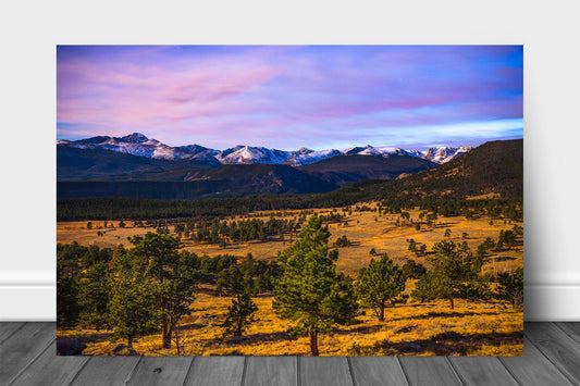 Rocky Mountains aluminum metal print wall art of snowy peaks overlooking a valley at dusk near Estes Park, Colorado by Sean Ramsey of Southern Plains Photography.