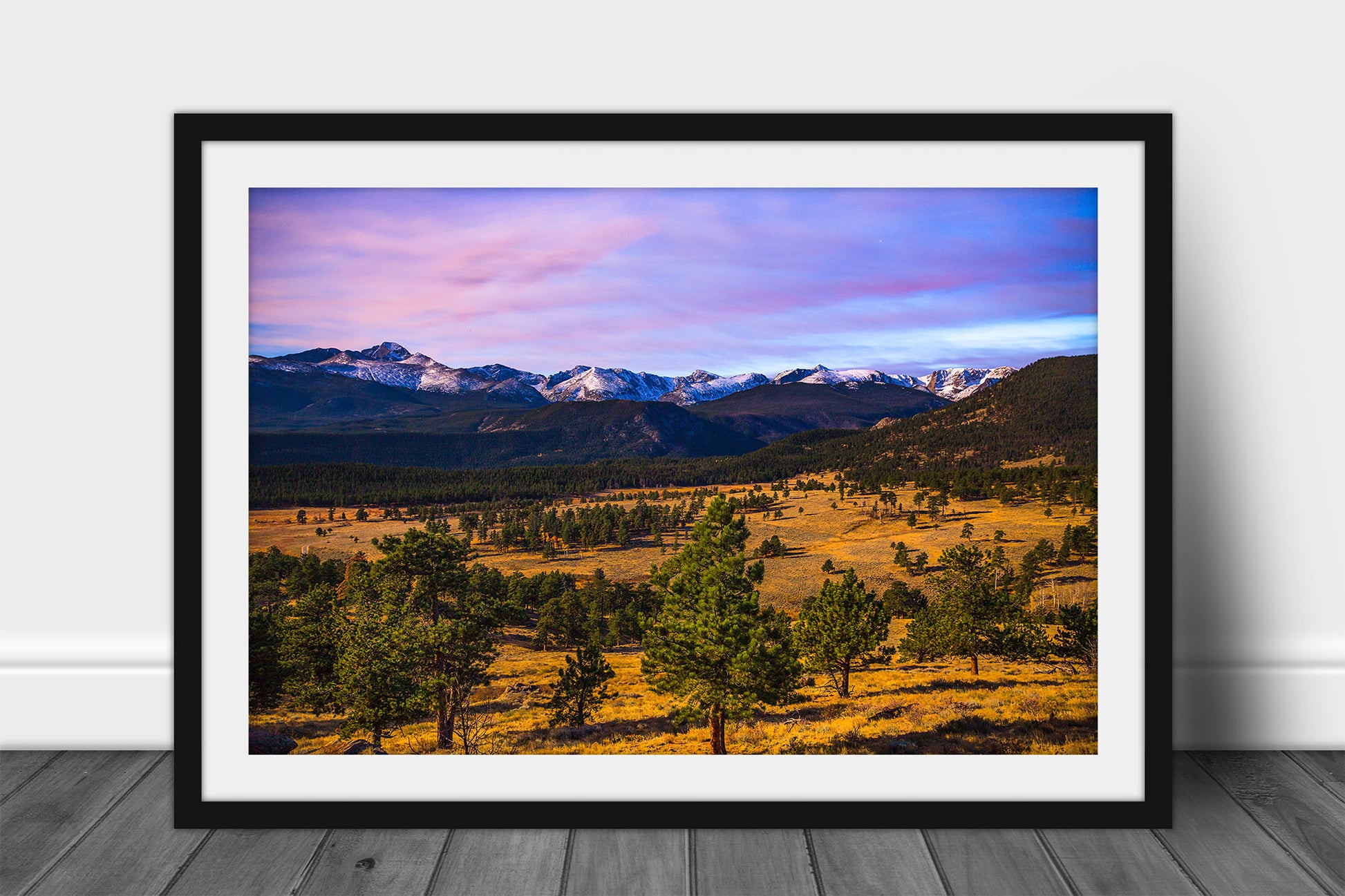 Rocky Mountains framed print of snowy peaks overlooking a valley at dusk near Estes Park, Colorado by Sean Ramsey of Southern Plains Photography.