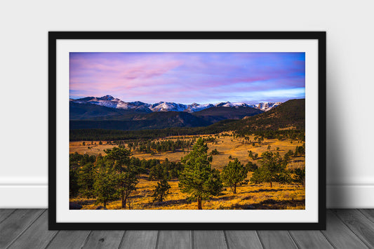 Rocky Mountains framed print of snowy peaks overlooking a valley at dusk near Estes Park, Colorado by Sean Ramsey of Southern Plains Photography.