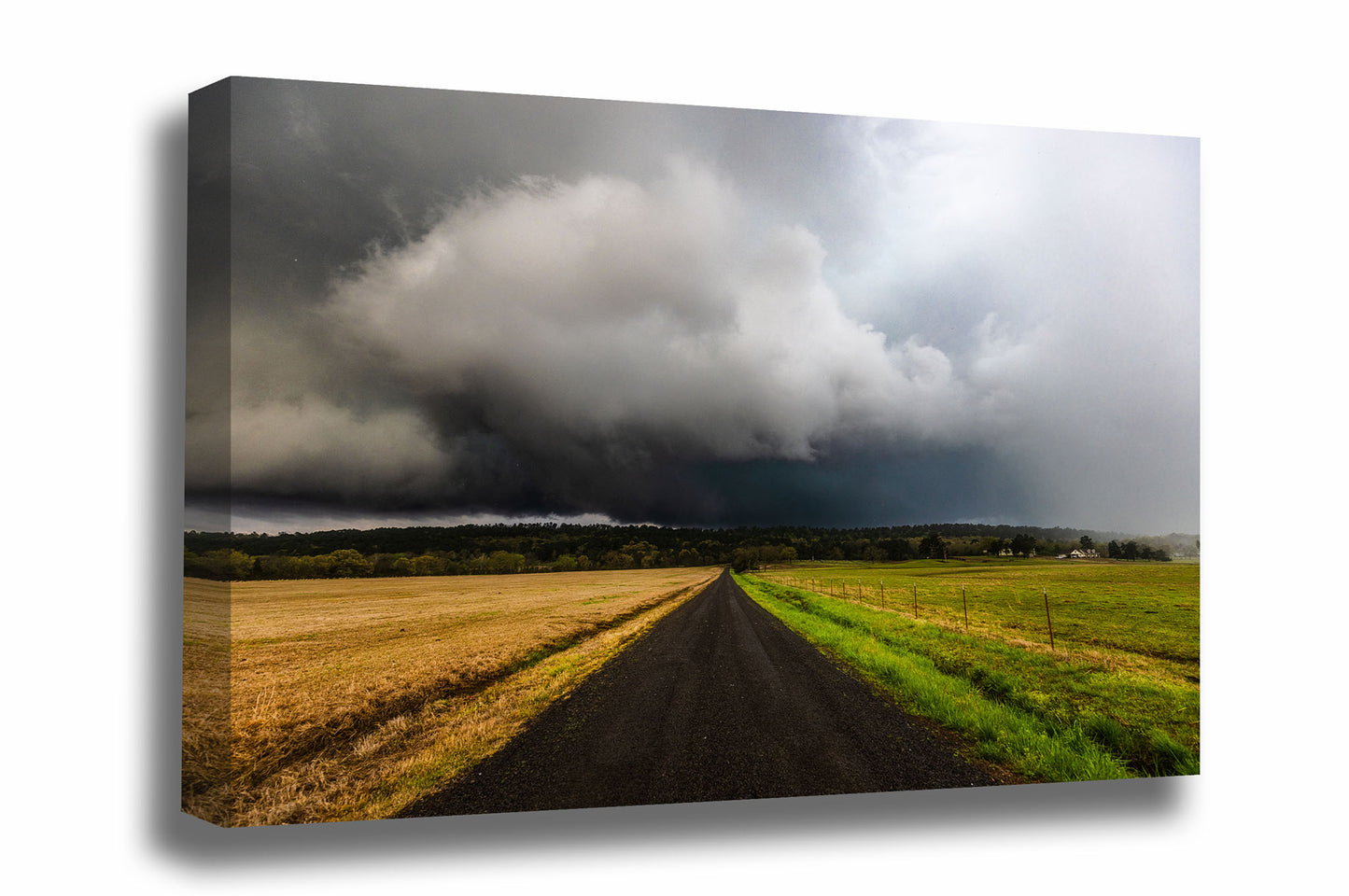 Thunderstorm gallery wrapped canvas wall art of a road leading to ominous storm clouds over hills in the Ouachita Mountains in Arkansas by Sean Ramsey of Southern Plains Photography.