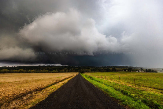Thunderstorm photography print of a road leading to ominous storm clouds over hills in the Ouachita Mountains in Arkansas by Sean Ramsey of Southern Plains Photography.
