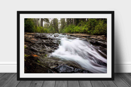 Framed and matted Pacific Northwest print of the Paradise River rushing toward Narada Falls on a foggy morning in Mount Rainier National Park in Washington state by Sean Ramsey of Southern Plains Photography.