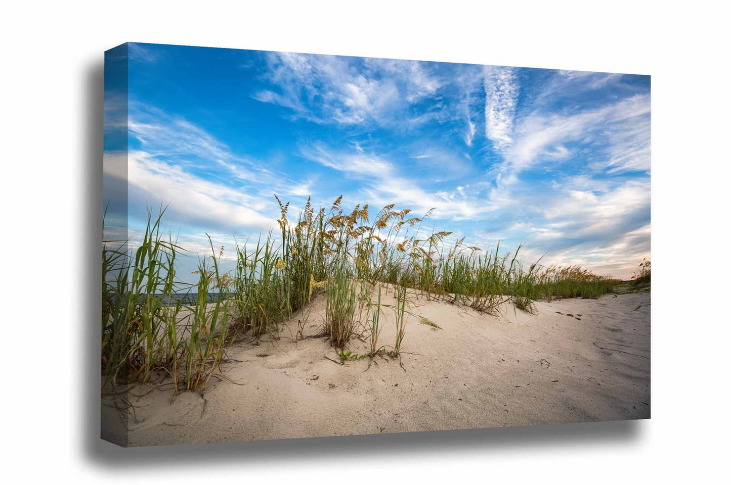 Coastal canvas wall art of sand dunes and sea oats under a big blue sky along a beach on Hilton Head Island, South Carolina by Sean Ramsey of Southern Plains Photography.
