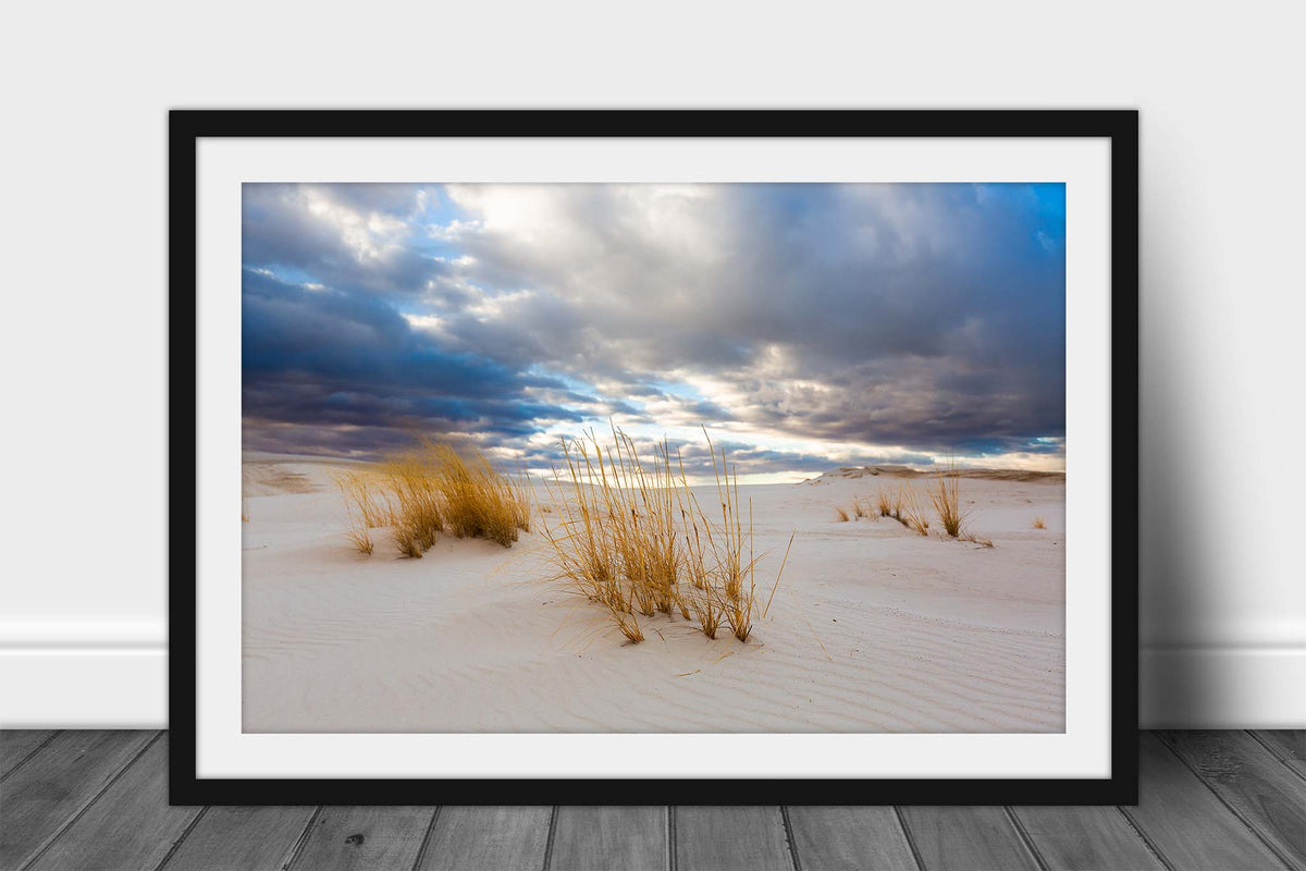 Framed desert southwest photography print with optional mat of golden grass embedded in sand under a dreamy sky at White Sands National Park, New Mexico by Sean Ramsey of Southern Plains Photography.