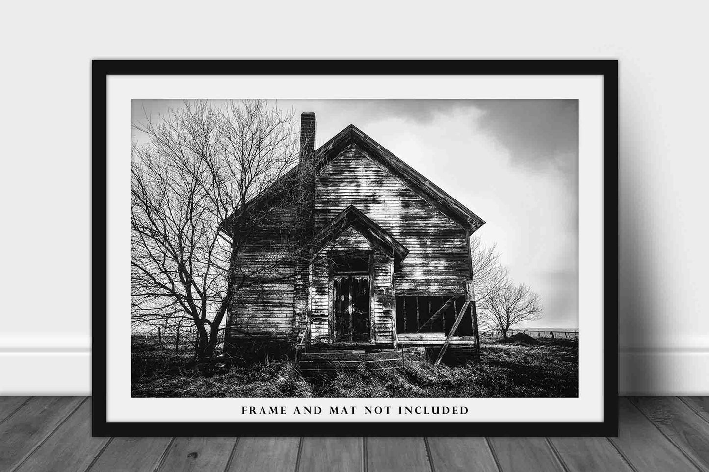 Black and White Photography Print - Picture of Old Abandoned School House in Iowa Fixer-Upper Shabby Chic Home Decor Wall Art Photo Artwork