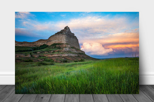 Prairie metal print wall art on aluminum of Scotts Bluff at sunset on a summer evening near Scottsbluff, Nebraska by Sean Ramsey of Southern Plains Photography.