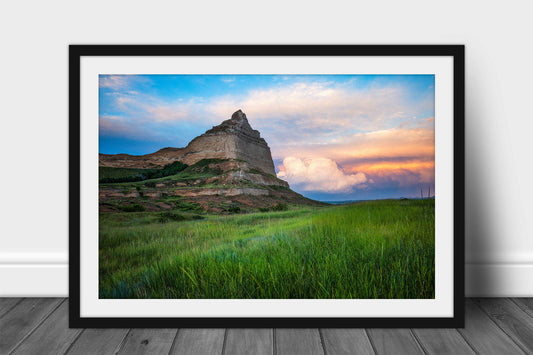 Framed and matted prairie print of Scotts Bluff at sunset on a summer evening near Scottsbluff, Nebraska by Sean Ramsey of Southern Plains Photography.