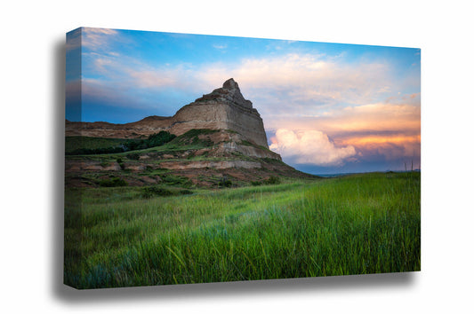 Prairie canvas wall art of Scotts Bluff at sunset on a summer evening near Scottsbluff, Nebraska by Sean Ramsey of Southern Plains Photography.