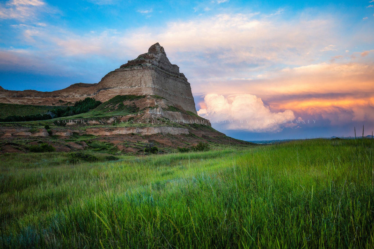 Great Plains photography print of Scotts Bluff at sunset on a beautiful summer evening at Scotts Bluff National Monument near Scottsbluff, Nebraska by Sean Ramsey of Southern Plains Photography.