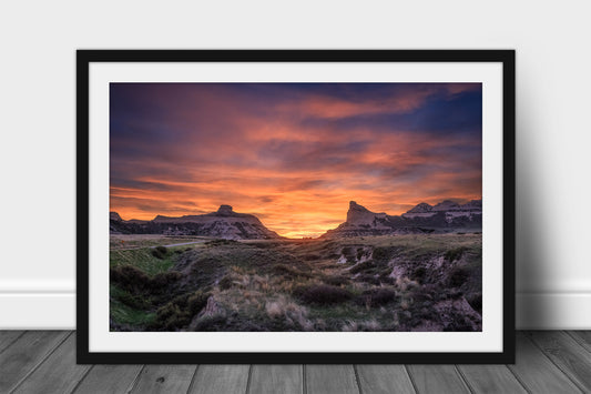 Framed prairie print of a vivid sunset taking place over Scotts Bluff National Monument near Scottsbluff, Nebraska by Sean Ramsey of Southern Plains Photography.