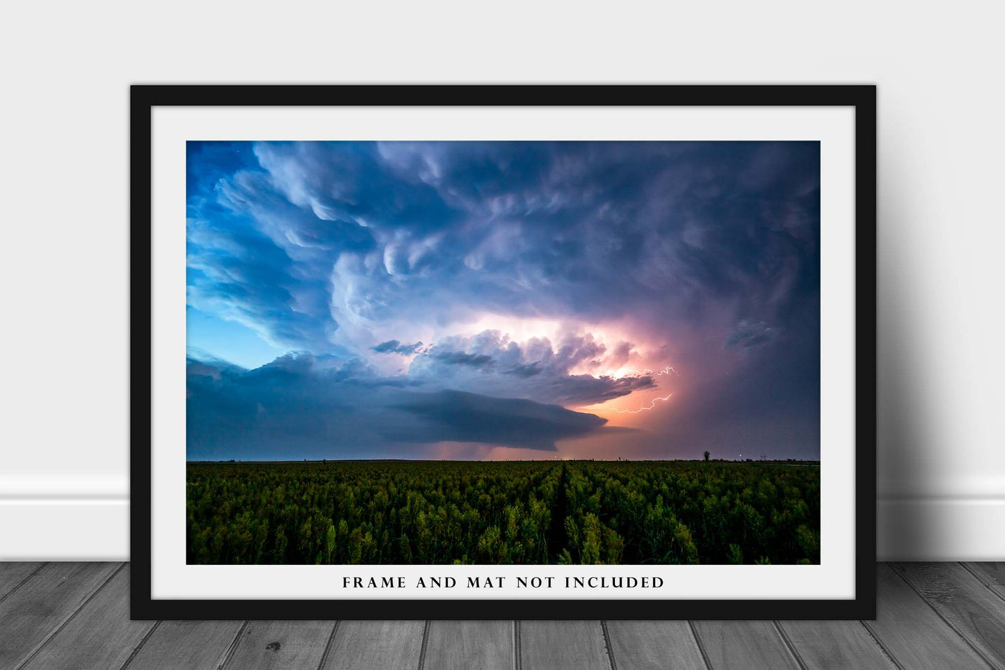 Thunderstorm Photography Print - Picture of Storm Cloud Illuminated by Lightning Over Field at Night in Nebraska Scenic Wall Art Photo Decor