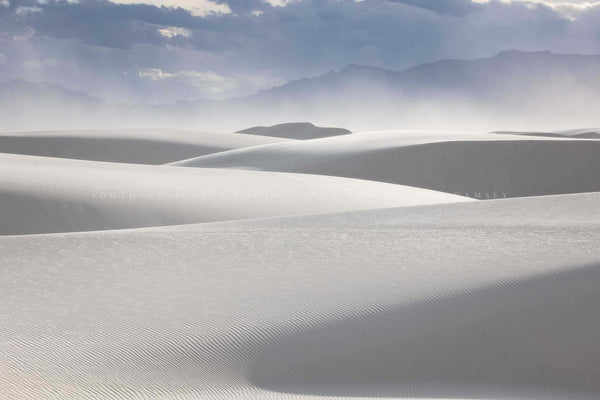 Desert southwest photography print of abstract sand dunes on a windy day at White Sand National Park, New Mexico by Sean Ramsey of Southern Plains Photography.