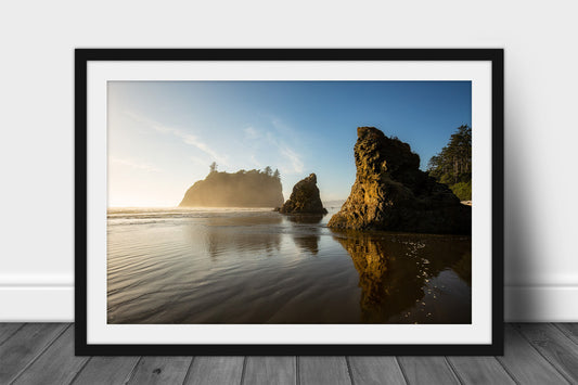 Framed and matted Pacific Northwest print of sea stacks in evening sunlight on Ruby Beach in Washington state by Sean Ramsey of Southern Plains Photography.
