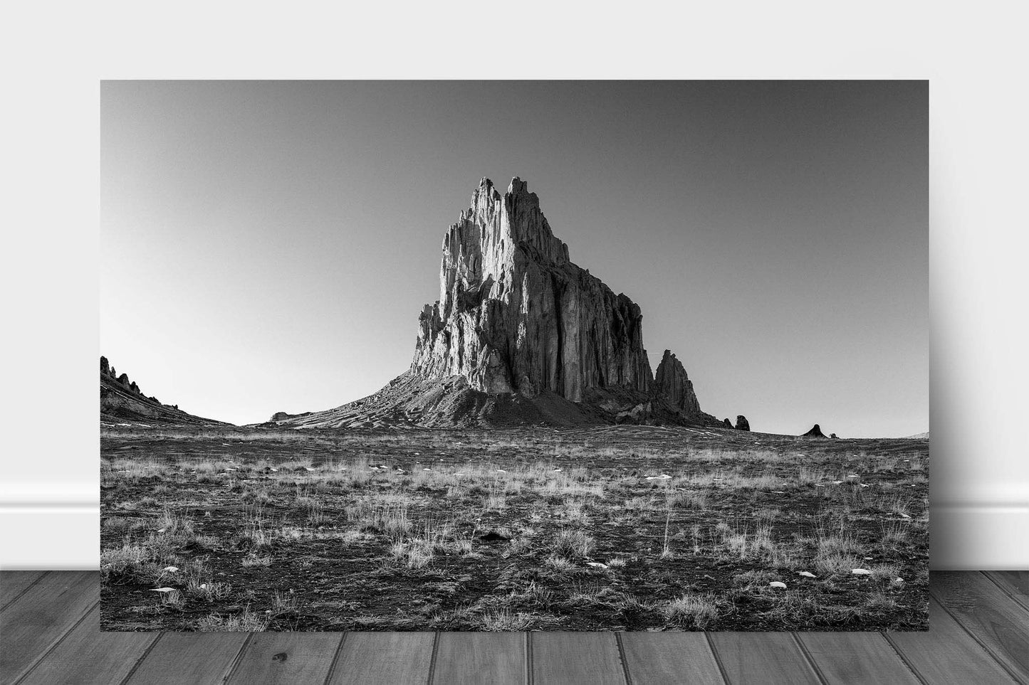 Black and white desert southwest metal print of Shiprock on an early spring day on the Navajo Reservation in the Four Corners region of New Mexico by Sean Ramsey of Southern Plains Photography.