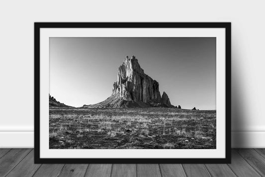 Black and white landscape photography print of Shiprock in evening sunlight on a spring evening in the Four Corners region near Farmington, New Mexico by Sean Ramsey of Southern Plains Photography.