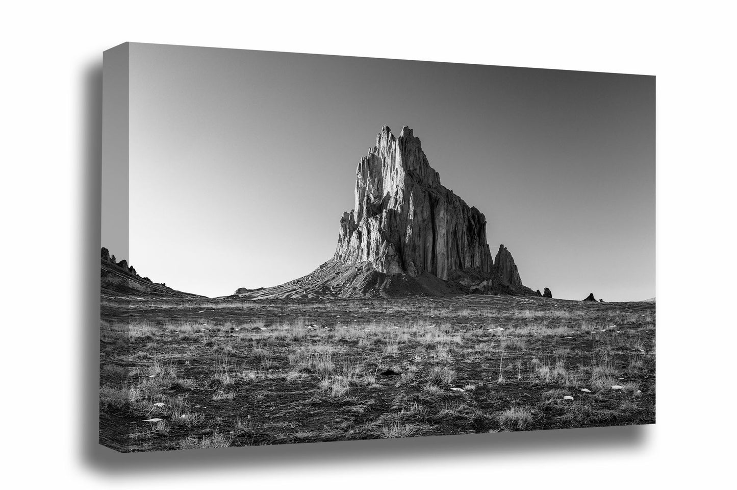 Desert southwest canvas wall art of Shiprock near Farmington, New Mexico in black and white by Sean Ramsey of Southern Plains Photography.