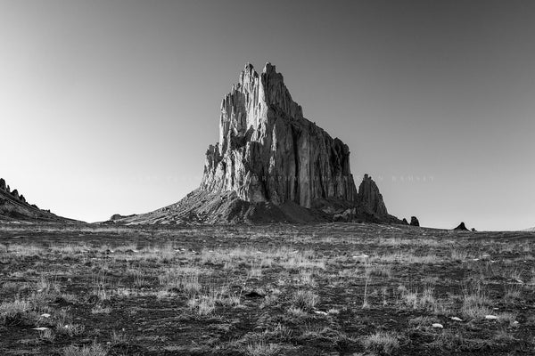 Black and white landscape photography print of Shiprock on an early spring evening near Farmington, New Mexico by Sean Ramsey of Southern Plains Photography.