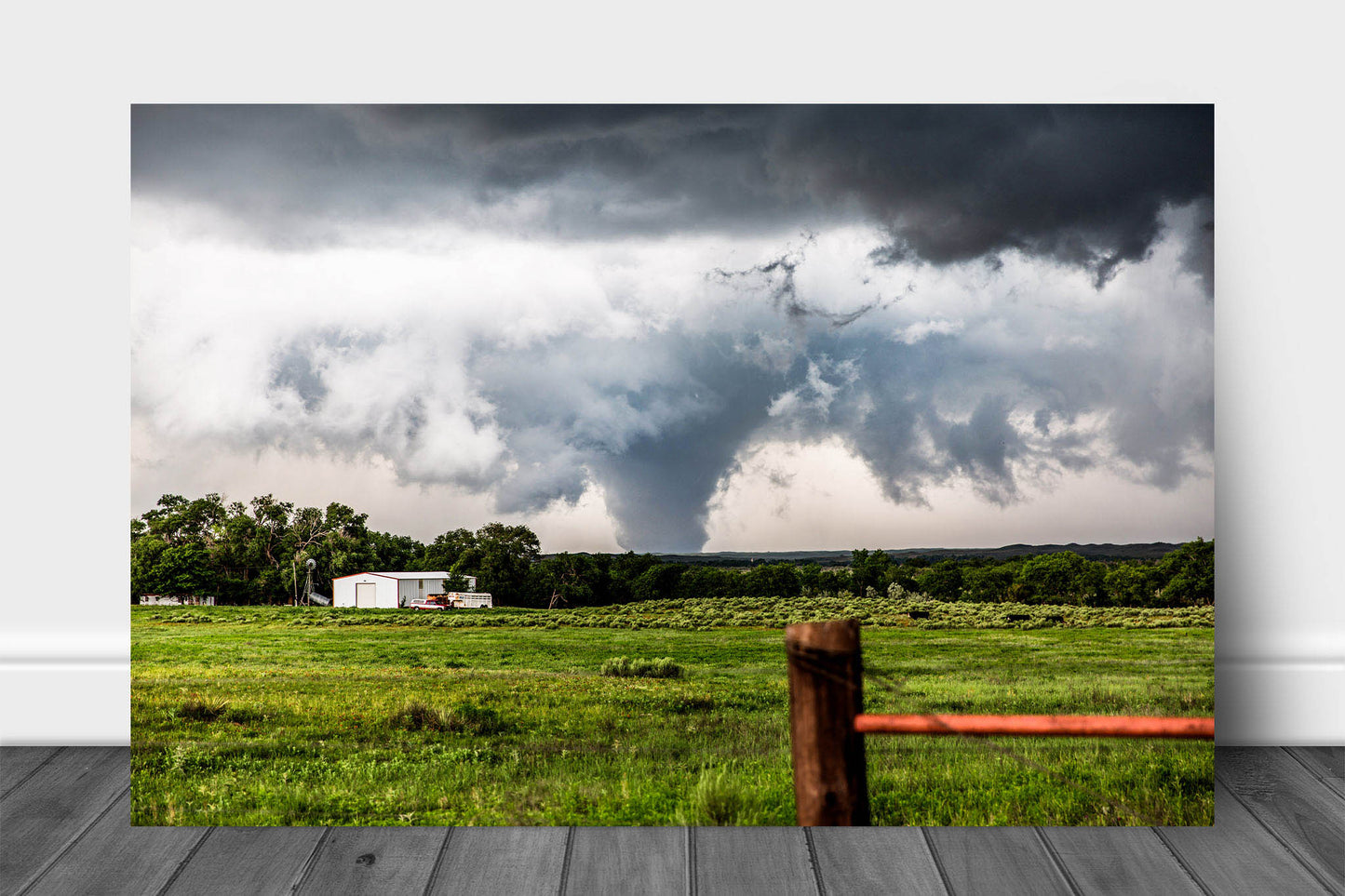 Extreme weather aluminum metal print wall art of a large tornado rumbling over the landscape on a stormy day in the Texas Panhandle by Sean Ramsey of Southern Plains Photography.