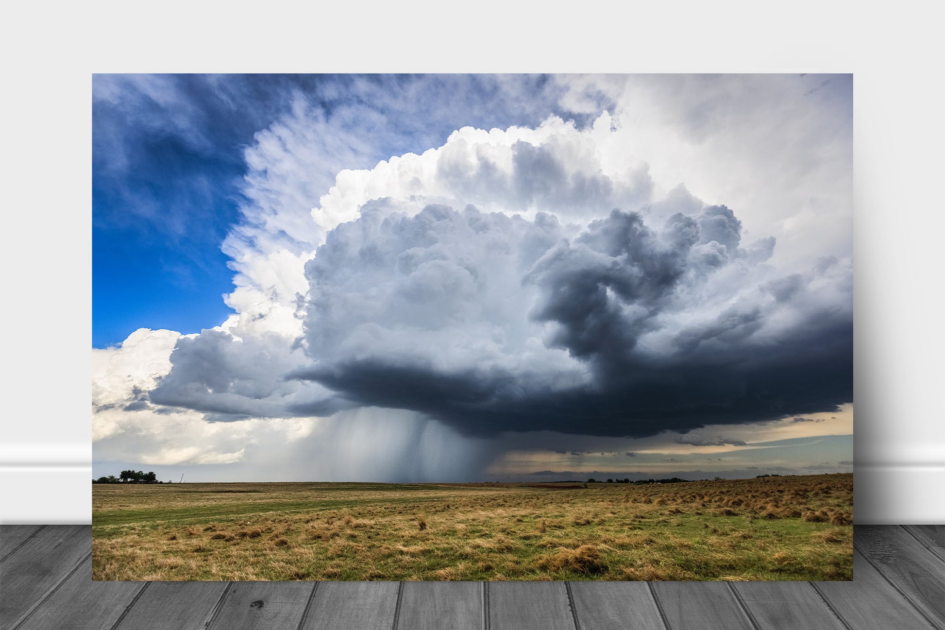 Thunderstorm aluminum metal print wall art of a large storm cloud dropping rain over open plains on a stormy spring day in Oklahoma by Sean Ramsey of Southern Plains Photography.