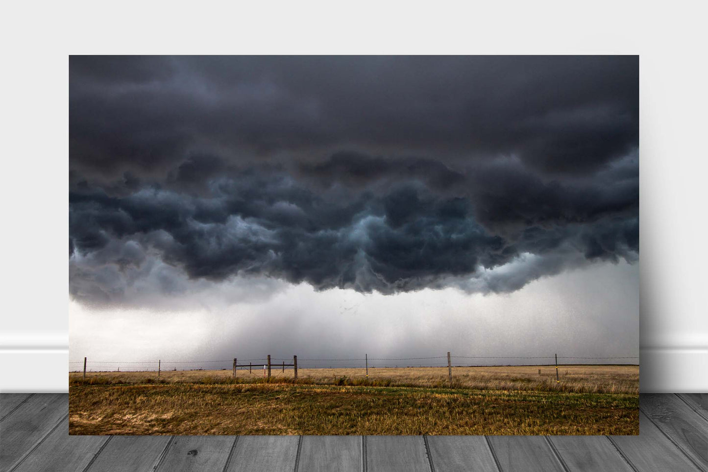 Thunderstorm aluminum metal print wall art of low hanging storm clouds boiling over plains n a stormy day in Kansas by Sean Ramsey of Southern Plains Photography.
