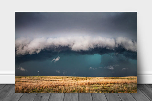 Thunderstorm aluminum metal print wall art of a storm engulfing a windmill on a stormy day on the open plains of Texas by Sean Ramsey of Southern Plains Photography.