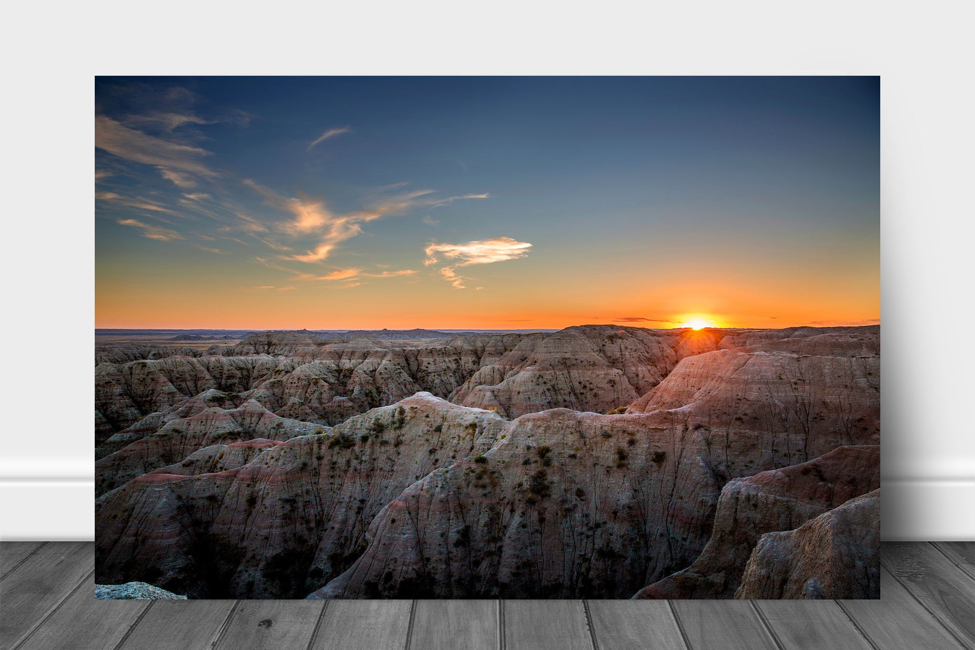Western landscape aluminum metal print wall art of a serene sunset over Badlands National Park, South Dakota by Sean Ramsey of Southern Plains Photography.