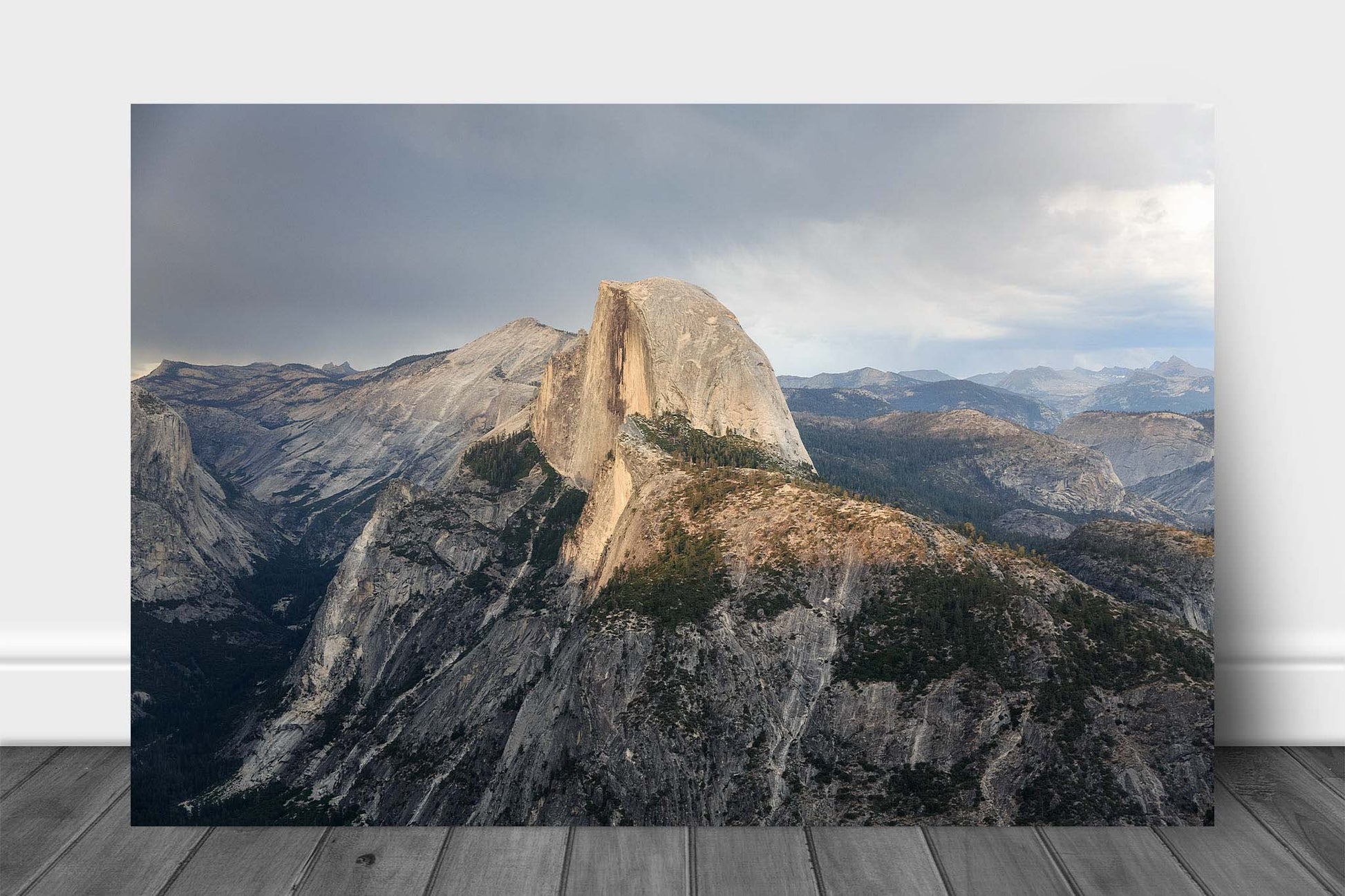 Sierra Nevada aluminum metal print wall art of Half Dome in golden sunlight on a rainy evening in Yosemite National Park, California by Sean Ramsey of Southern Plains Photography.