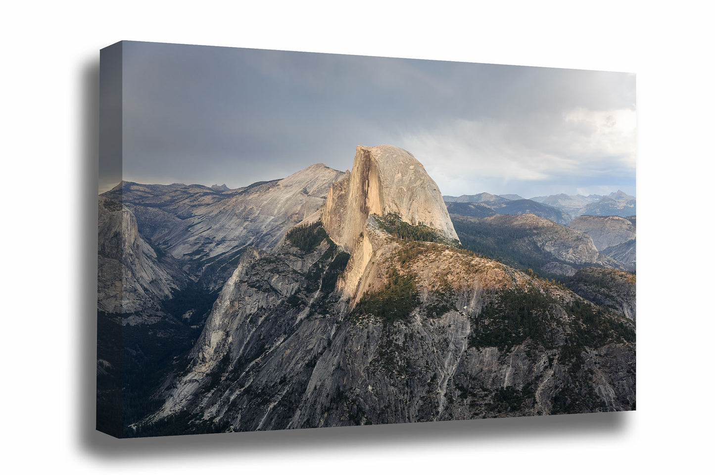 Sierra Nevada canvas wall art of Half Dome in golden sunlight on a rainy evening in Yosemite National Park, California by Sean Ramsey of Southern Plains Photography.