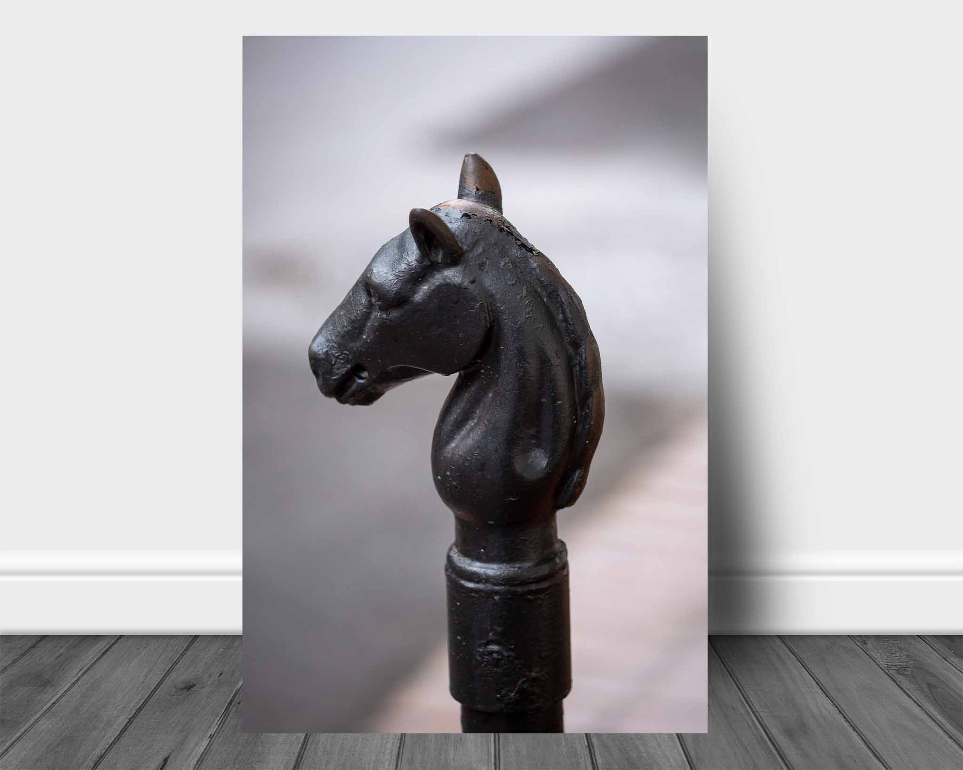 Victorian style vertical aluminum metal print wall art of a horse head hitching post in the French Quarter of New Orleans, Louisiana by Sean Ramsey of Southern Plains Photography.
