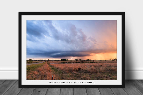 Storm Photography Print - Picture of Supercell Thunderstorm with Lightning Bolt at Sunset in Kansas Weather Wall Art Nature Decor