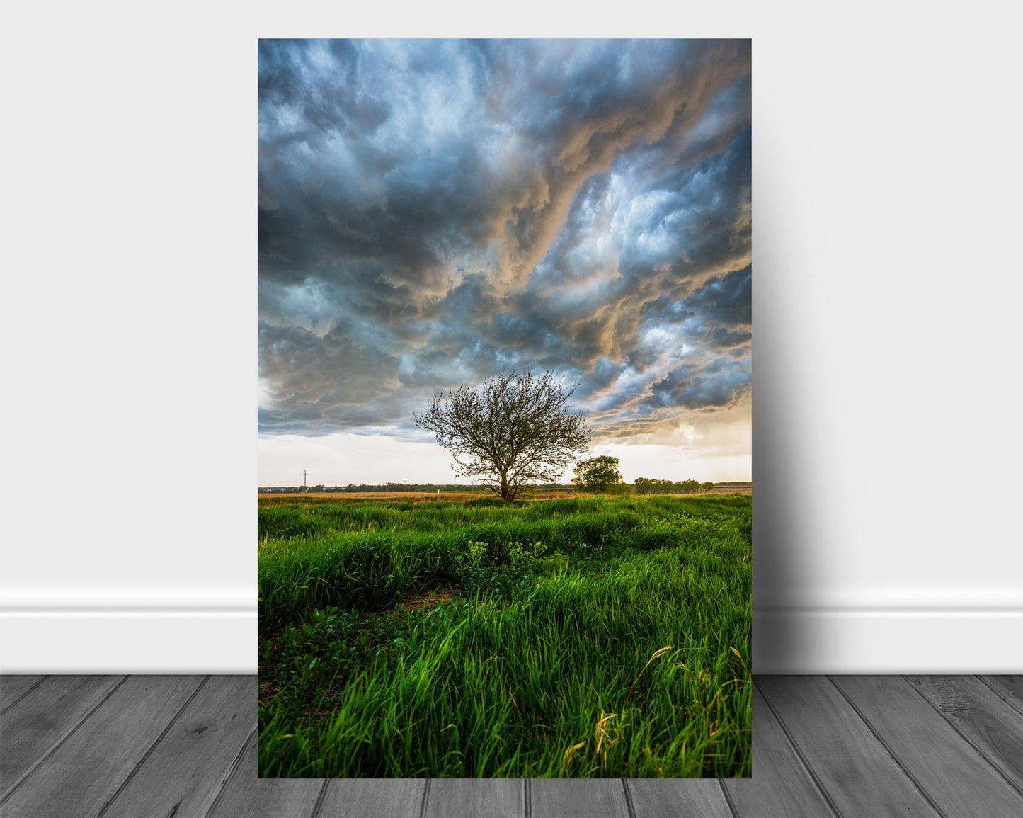 Vertical Great Plains aluminum metal print of a lone tree under storm clouds on a stormy spring day in Kansas by Sean Ramsey of Southern Plains Photography.