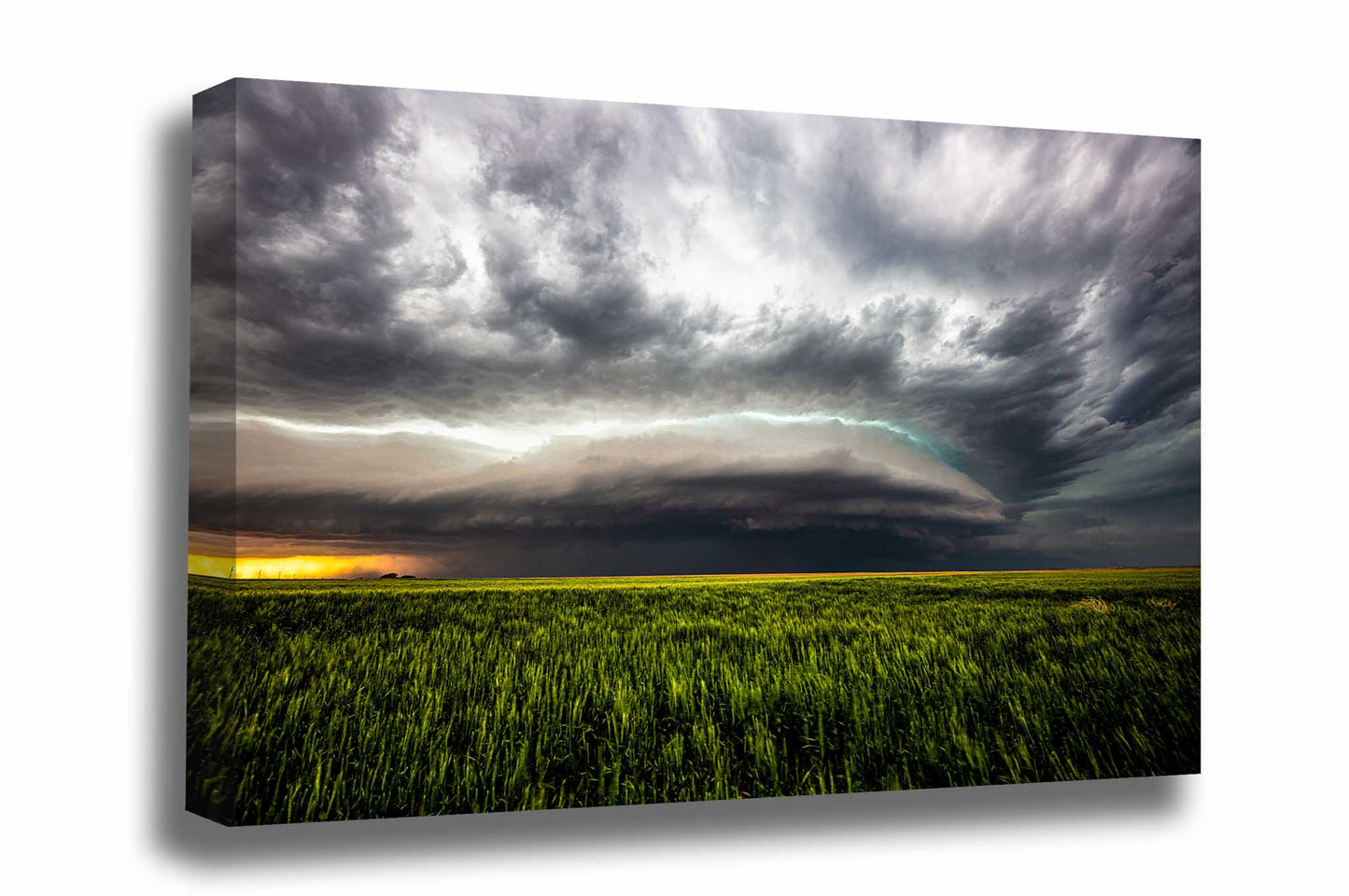 Storm canvas wall art of a supercell thunderstorm over a wheat field on a stormy spring evening in Kansas by Sean Ramsey of Southern Plains Photography.