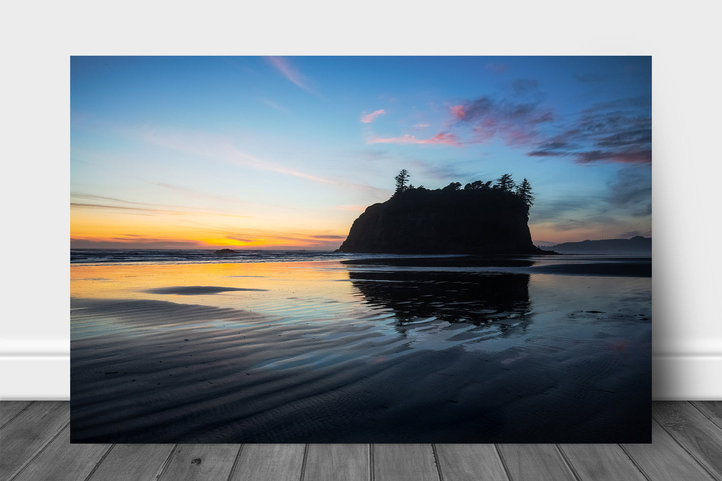 Pacific Northwest aluminum metal print wall art of a sea stack silhouette at sunset along Ruby Beach on the Washington coast by Sean Ramsey of Southern Plains Photography.