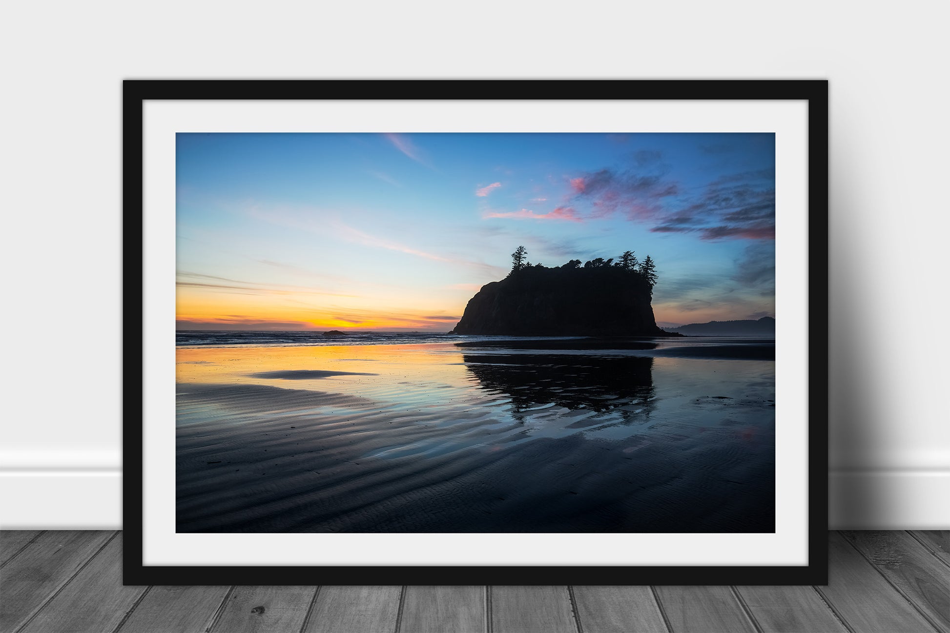 Framed and matted Pacific Northwest print of a sea stack silhouette at sunset along Ruby Beach on the Washington coast by Sean Ramsey of Southern Plains Photography.