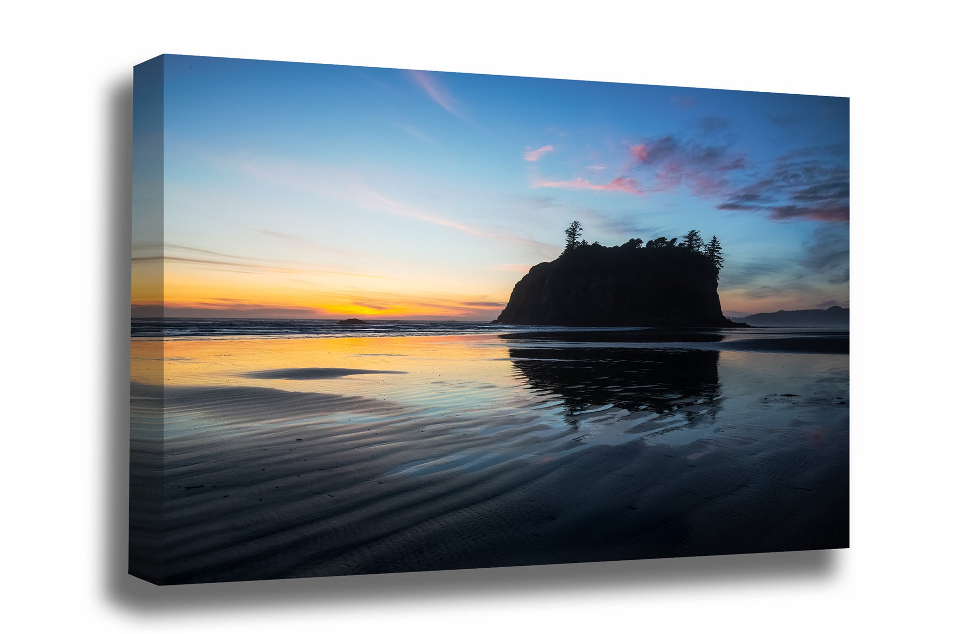 Pacific Northwest gallery wrapped canvas wall art of a sea stack silhouette at sunset along Ruby Beach on the Washington coast by Sean Ramsey of Southern Plains Photography.