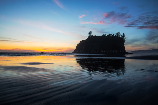 Pacific Northwest photography print of a sea stack silhouette at sunset along Ruby Beach on the Washington coast by Sean Ramsey of Southern Plains Photography.
