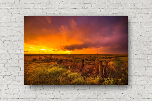 Great Plains metal print on aluminum of a vivid sunset in a stormy sky over open prairie in the Oklahoma Panhandle by Sean Ramsey of Southern Plains Photography.