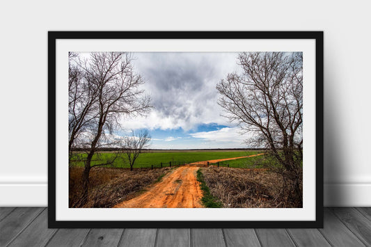 Framed and matted country print of a dirt road leading to a pasture and nostalgic memories of being on the farm in Oklahoma by Sean Ramsey of Southern Plains Photography.