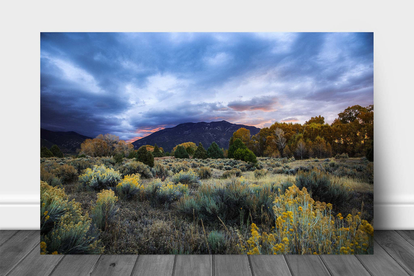 Rocky Mountain landscape aluminum metal print wall art of Taos Mountain under a stormy sky at sunrise on an autumn morning near Taos, New Mexico by Sean Ramsey of Southern Plains Photography.