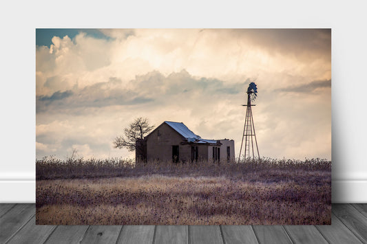 Prairie metal print wall art on aluminum of an abandoned house and windmill in a field with a stormy sky backdrop in Oklahoma by Sean Ramsey of Southern Plains Photography.