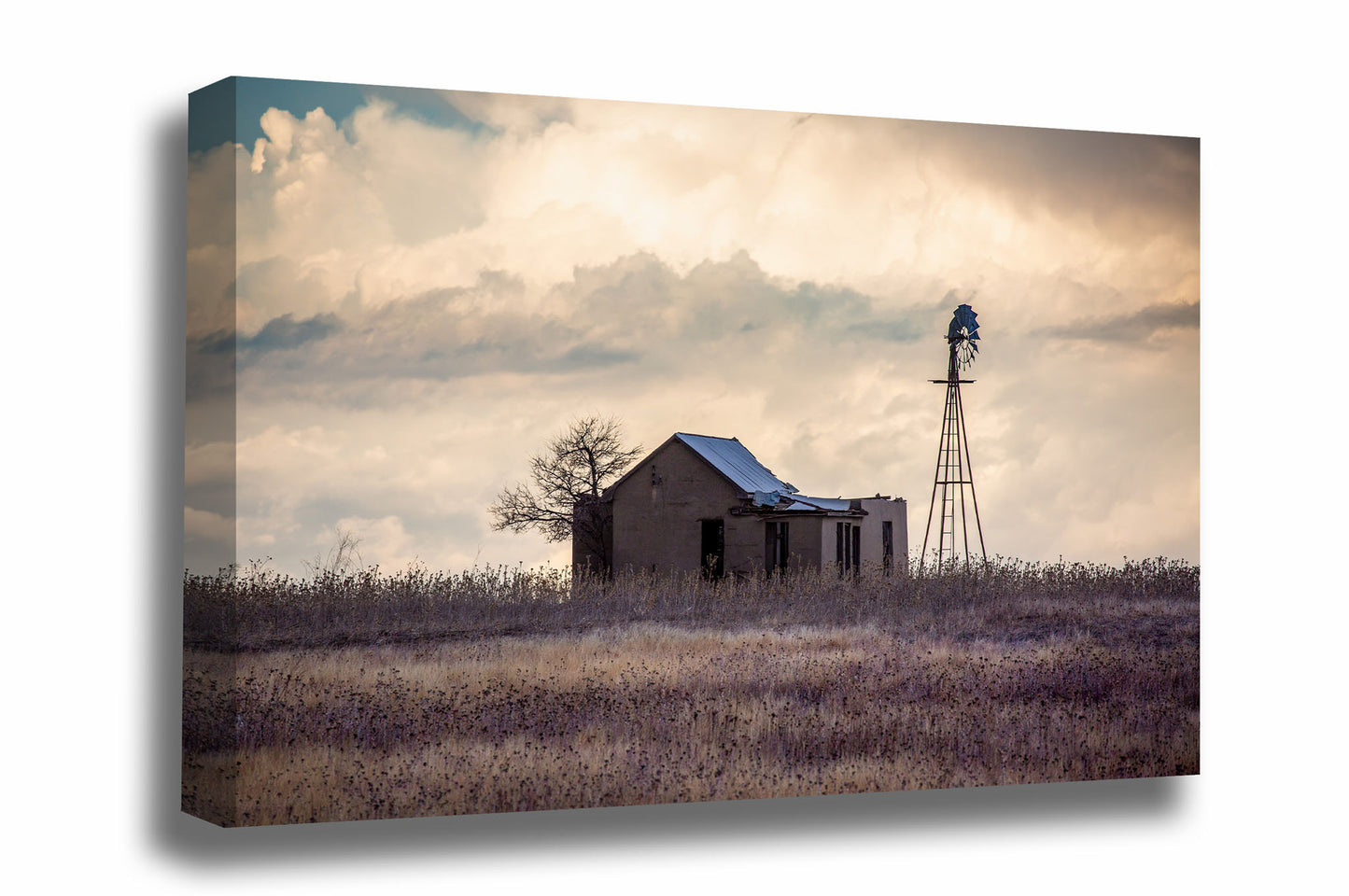 Prairie canvas wall art of an old abandoned house and windmill in a field with storm clouds brewing in the sky on a stormy spring day in Oklahoma by Sean Ramsey of Southern Plains Photography.