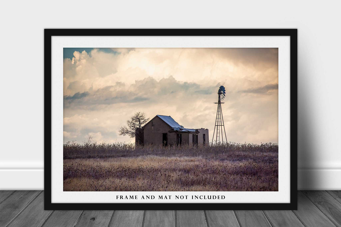 Country Photography Print - Picture of Old Abandoned House and Windmill on Oklahoma Prairie Farmhouse Home Decor Wall Art Photo Artwork