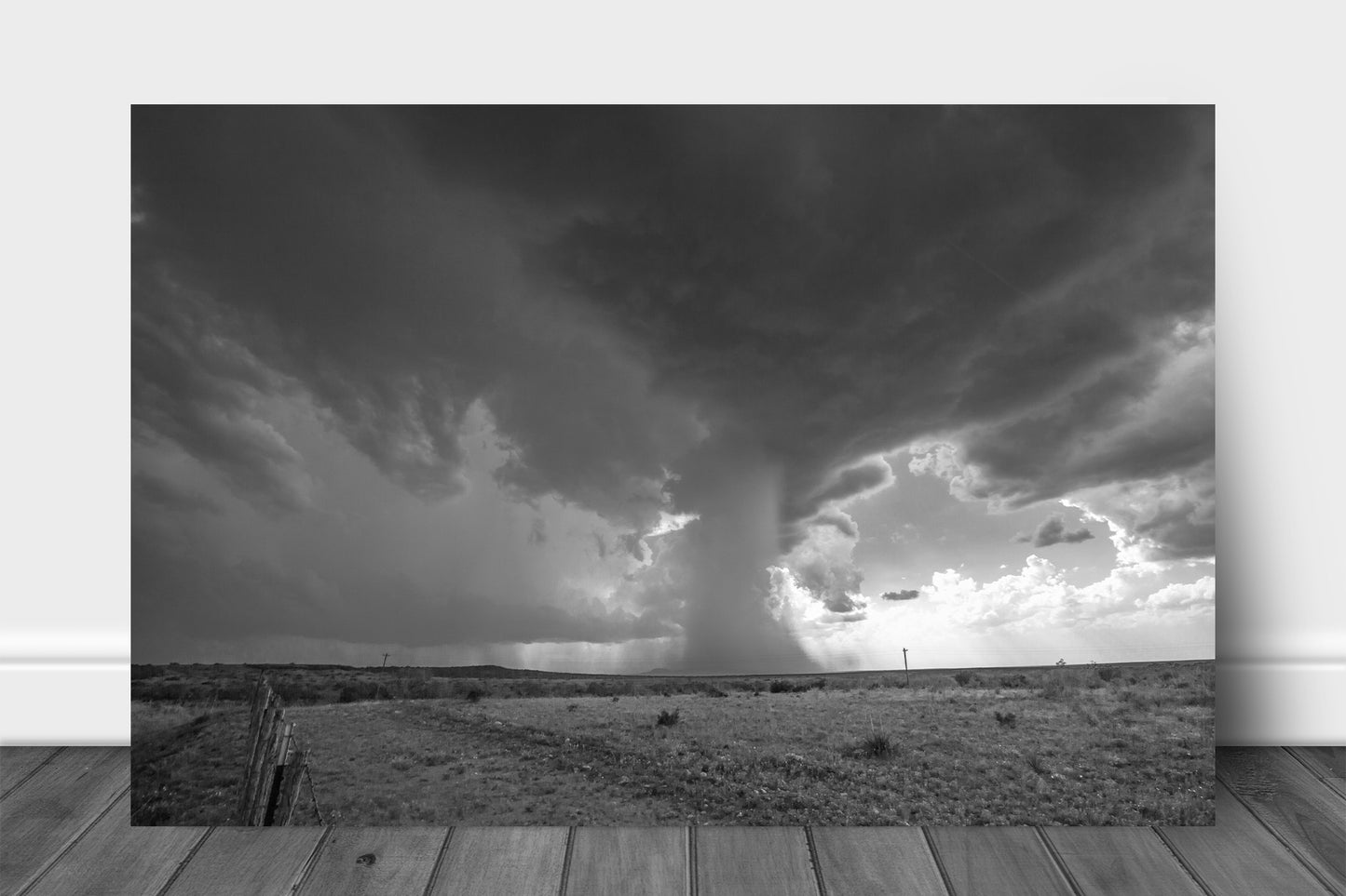 Storm aluminum metal print wall art of a thunderstorm with a microburst dropping rain from high in the sky resembling a waterfall on a spring day in West Texas by Sean Ramsey of Southern Plains Photography.