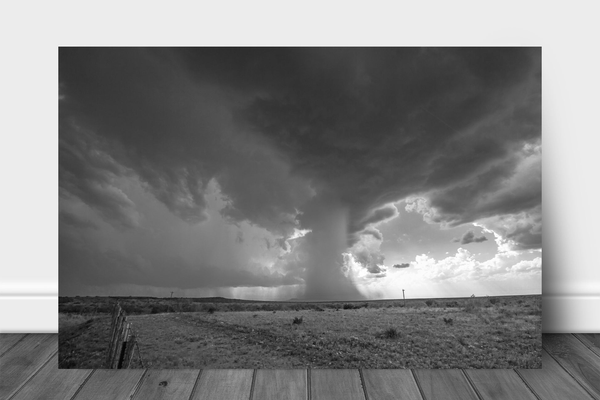 Storm aluminum metal print wall art of a thunderstorm with a microburst dropping rain from high in the sky resembling a waterfall on a spring day in West Texas by Sean Ramsey of Southern Plains Photography.